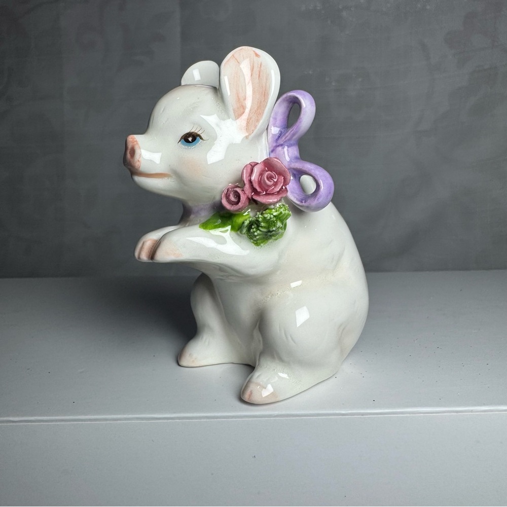 Vintage 1992 Lefton Piglet Figurine with Pink Flowers and. Purple Bow